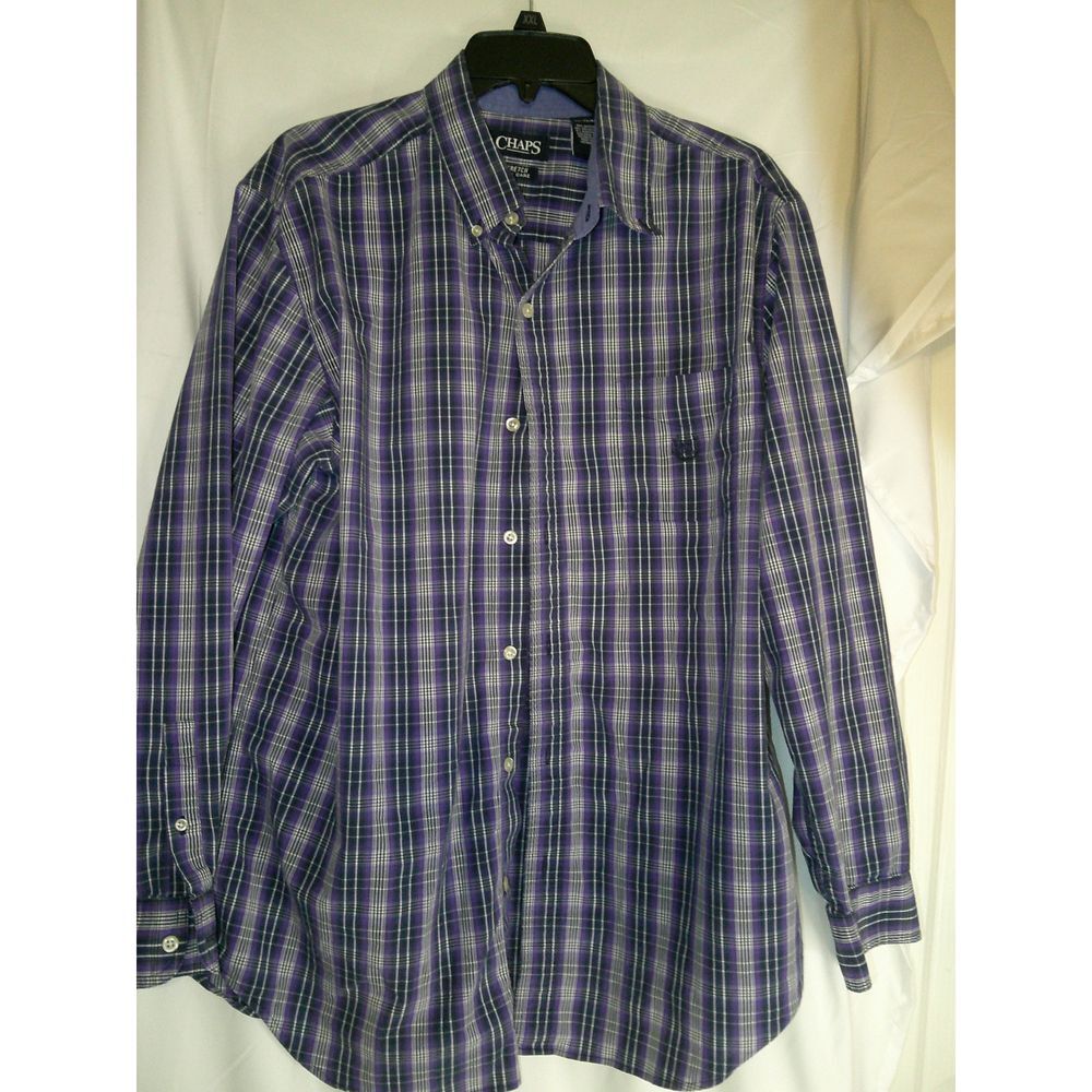 Chaps Purple Plaid Button-Down‎ Shirt Stretch Easy Care Long Sleeve Casual